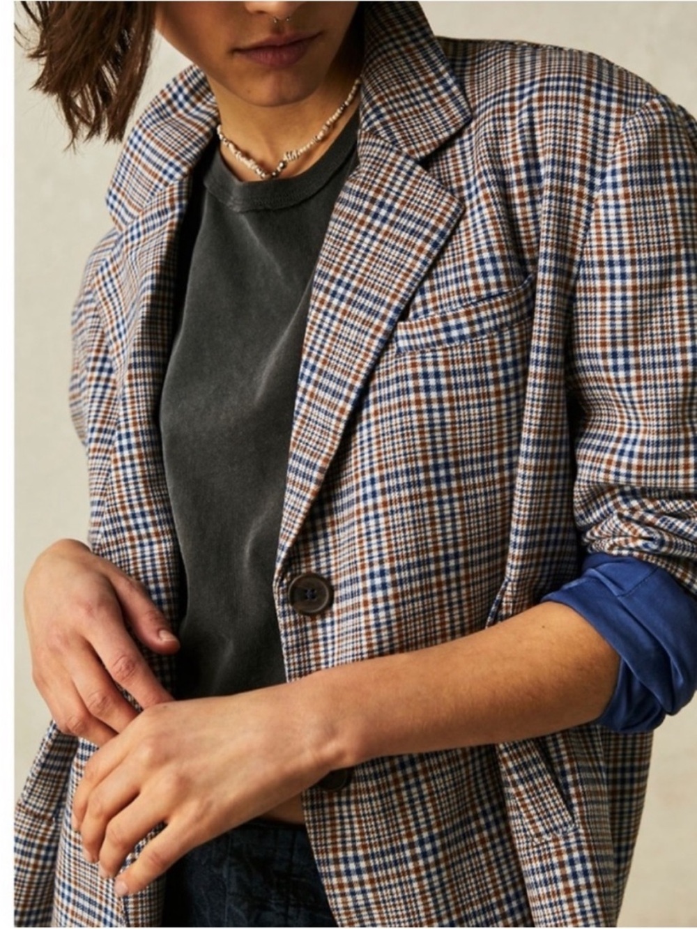We The Free People Small Cali Plaid Print Oversized Blazer Jacket Academia Boho